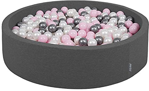 KiddyMoon Mjuk bollgrop rund 120 x 30 cm/600 bollar 7 cm/2,75 tum för barn, skumboll pool baby lekbollar barn, tillverkad i EU, mörkgrå: pärl-puderrosa silver