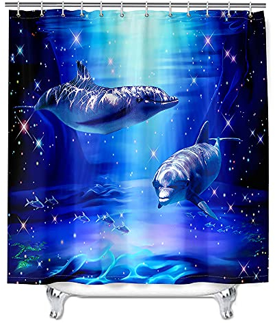 Hiseng Duschvorhang aus Polyester Wasserdichter, Waschbare Duschvorhänge mit 12 Duschvorhangringen, 3D Ozean Delphin Druck Badewannevorhang für Badezimmer (Blaues Sternenlicht,165x180cm)