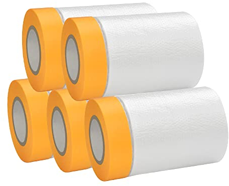 AFASOES 5 Rollen Abdeckfolie Klebeband mit Folie 55cm*20M Transparent Abdeckfolie mit Gewebeklebeband Selbstklebende Malerfolie Malerband UV Beständig Goldband Masker Tape Malerkrepp zum Staubschutz