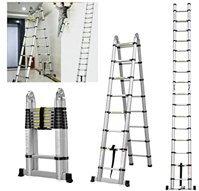 5M (2,5+2,5 M) Teleskopleiter Klappleiter Ausziehleiter aus hochwertigem Alu Teleskop-Design Mehrzweckleiter, 16 Sprossen - 86cm bis 5,0m Anlegeleiter, 150 kg Belastbarkeit