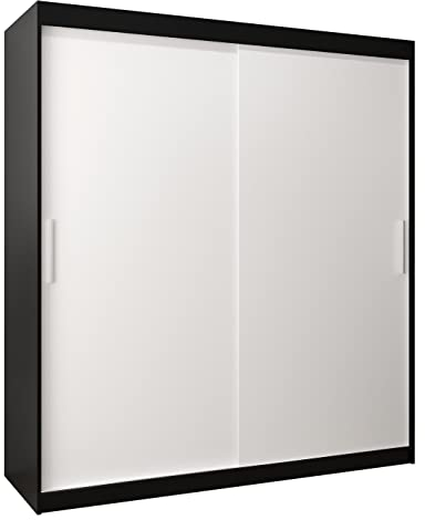 MEBLE KRYSPOL Tokyo 180 Kleiderschrank mit Zwei Schiebetüren für Schlafzimmer – moderner Aufbewahrungsschrank mit Kleiderstange und Regalen – 180x200x62cm - Mattschwarz + Mattweiß
