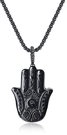 COAI Geschenkideen Obsidian Anhänger mit Gravur Hand der Fatima Edelstahl Halskette für Herren Damen