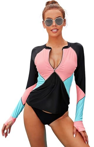 UV Shirt Damen Langarm Rashguard-Shirts Surfanzug Schwimmanzug Lang Schutz Tshirt Badeanzug Shirt Wasser Surf Frauen Schwimmshirt Damen Schwarz S-XXL