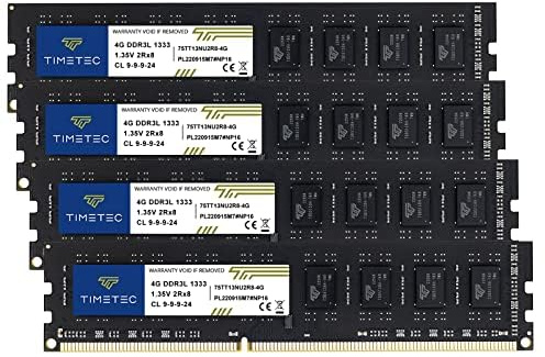 Timetec 16GB Kit(4x4GB) DDR3 1333MHz PC3-10600 Non-ECC Unbuffered 1.35V / 1.5V CL9 2Rx8 Dual Rank 240 Pin UDIMM Memoria RAM Módulo para Actualizacion para PC Computadora de Escritorio