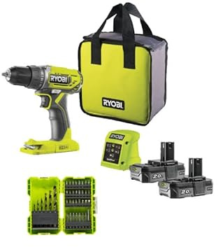 Pack RYOBI - Perceuse Visseuse R18DD2-220S - 18V One Plus - 2 batteries 2,0Ah - chargeur - Coffret antichocs empilable 38 accessoires - porte embouts
