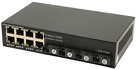 Airshi Commutateur Ethernet Rapide, Tx1310nm Rx1550nm 25km Extension 10 100 1000M Gigabit Ethernet Switch Plug and Play 12 Ports Autoneg pour l'Industrie (Prise UE)