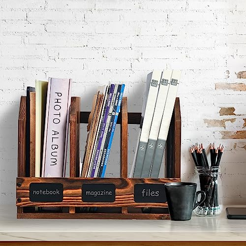 ExoLiry Organizador de documentos de escritorio de madera marrón rústico quemado para oficina, pizarra, etiquetas, carpeta de archivos, clasificador, estante de almacenamiento, múltiples