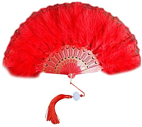 YANGSHINE Handfächer Marabu-Feder, chinesischer Vintage-Stil, Tanzfächer mit Spitzenquaste für Cheongsam-Kostüm, Cosplay, Party, doppelseitiger Faltfächer, Rot