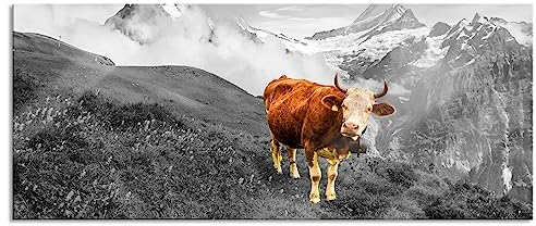 Pixxprint Glasbild Panorama, Wandbild aus Echtglas, Kuh auf grüner Alm in den Bergen B&W Detail, 120x50 cm, inkl. Aufhängung und Abstandshalter