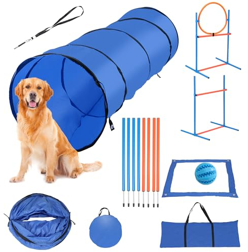 Herrselsam Agility Set Hunde groß, Agility-Ausrüstungs-Set für Hunde, Hundetraining zubehör Agility Hürde, Sprungring, Hundetunnel, 8 Slalomstangen, Ball, Pfeife, Tragetasche, Perfekt für den Park