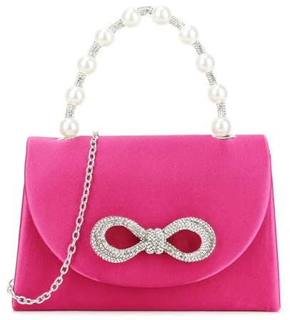 Bolso de mano de satén con lazo de diamantes de imitación, asa superior de perlas, para novia, graduación, boda, noche, fiesta, bolso de mano, rosa fucsia, medium