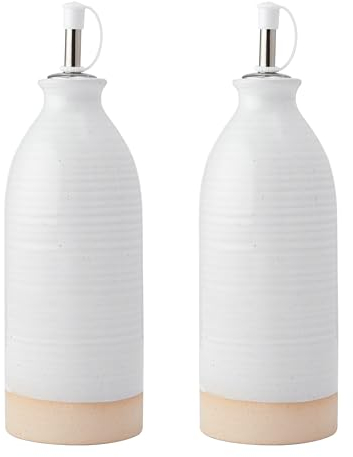 KitchenCraft Idilica Bottiglie per olio e aceto in gres, Set di 2 versatori per olio e aceto in ceramica con base non smaltata, crema, 45ml