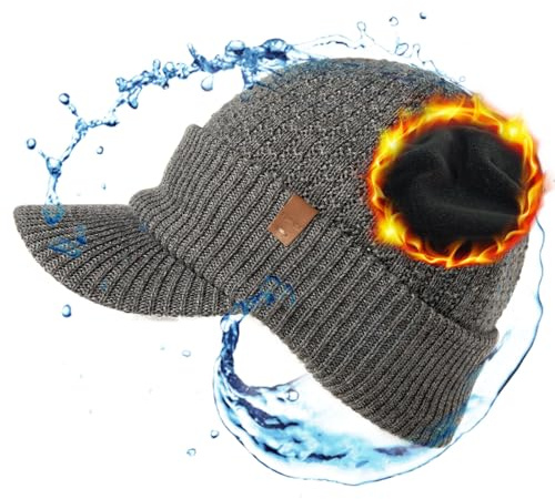 TOP-EX 50% Merinowolle Wintermütze Herren Damen Schirmmütze, wasserdichte Beanie Mütze mit Schirm, warm gefütterte Strickmütze für Running und Outdoor-Sportarten, Winddicht Grau XL/XXL