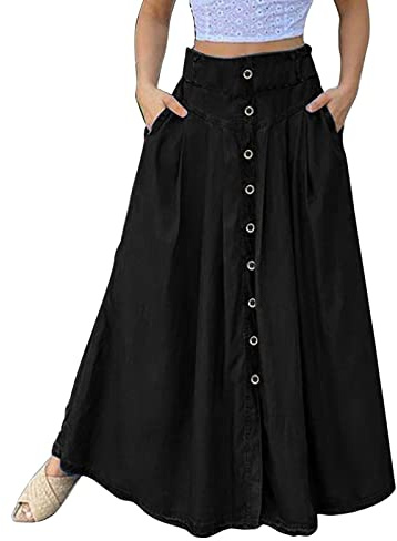 Gonna in jeans con bottoni, da donna, lunga, maxi gonna estiva, in jeans, leggera e ariosa, con tasche, estiva, gonna da spiaggia, con elastico, in denim, da skater, taglie grandi, elegante, Nero ,
