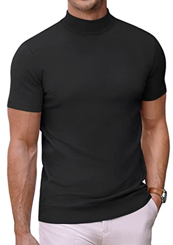 COOFANDY Herr Mock Turtle Neck T-shirt Kortärmad Hög hals T-Shirt Stickad Topp Sommar Stretchig Tee Slim Fit