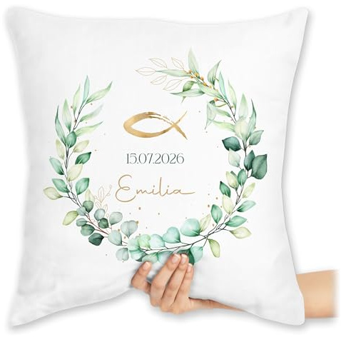 Kissen 40x40 Zierkissen - Geschenk Taufe Fisch Motiv Eukalyptuskranz | Taufgeschenk mit Name und Datum - 40 x 40 cm - Weiß - taufkissen konfirmation Taufe￼ füllung taufgeschenke Kommunion zur