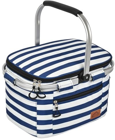 Isolierte Kühltasche Multipocket Faltbarer Picknickkorb Auslaufsicher Outdoor Korb für Camping Mahlzeit Lieferung Einkaufen Reisen Camping Strand Lebensmitteltasche (Blauweiß, mittel)