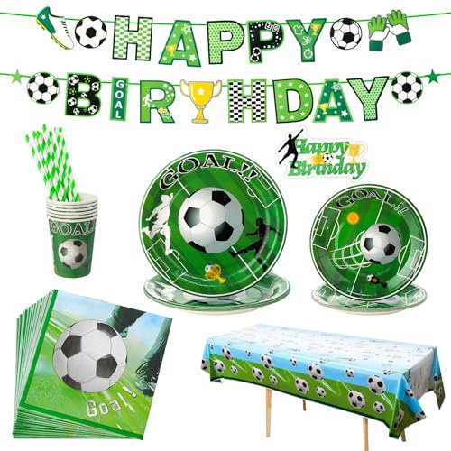dusaniyali 63Stück Fussball Geburtstag Deko Partygeschirr Set, Jungen Fußball Party Dekorationen Geburtstagsparty,Happy Birthday Banner, Pappteller, Pappbecher, Toppers, Strohhalme