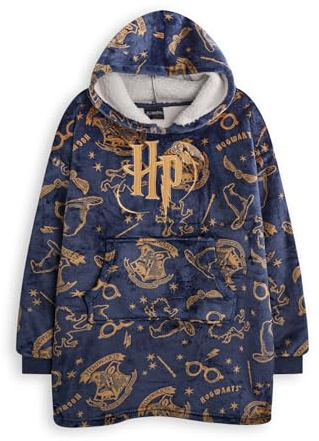 Harry Potter Girls Couverture portable à capuche | Pull à capuche en polaire Sherpa pour enfants en bleu marine avec logo HP Poudlard imprimé sur toute la surface | Vêtements de détente doublés