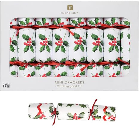 Talking Tables 8 x Mini Christmas Crackers Botanical Holly White Christmas Decorations, Fun Games, Party Hats, Eco-Friendly & Recyclable Xmas Tableware, Crackers Christmas, 15cm