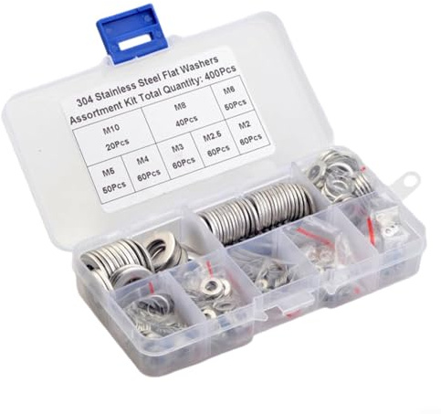 Kit di rondelle piatte in acciaio inossidabile 304, rondelle assortite con blocco in metallo, set di rondelle piatte grandi (400 pezzi)