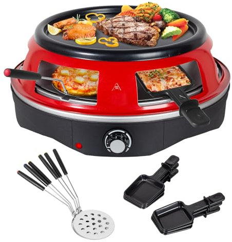 Todeco Horno para Pizza Eléctrico 3 en 1, 1200W, Incluye 6 Mini plato para pizza, 6 Molde para queso, bandeja para hornear, Horno de pizza para mini pizza, Asar y hacer panqueques, Rojo