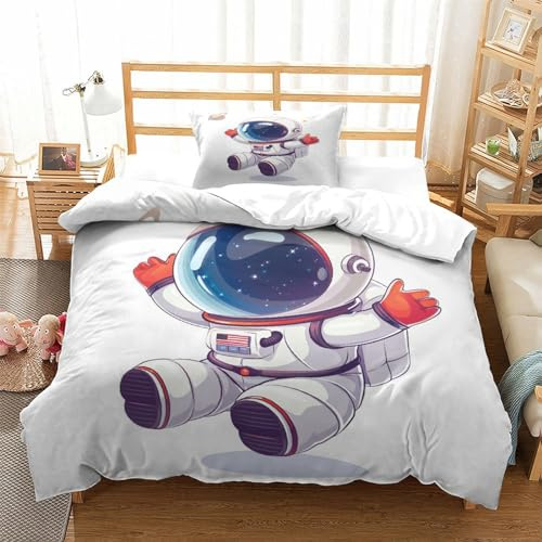 Astronauta 3D Estampado Juego De Cama De Microfibra Aventura Espacial 2 Piezas Funda De Edredón De Cremallera Niños Niñas Single（135x200cm）