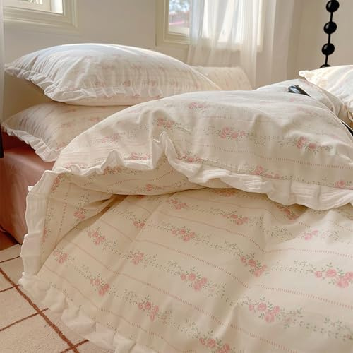 GETIYA Elegant Hellrosa Blumen Bettwäsche 135x200 Baumwolle Bettbezug Damen Mädchen Blümchen Bettbezug Zweiteilig Rüschen Bettwäsche Weiß Rosa Blumen Bettwaesche mit 1 Kissenbezug 80x80