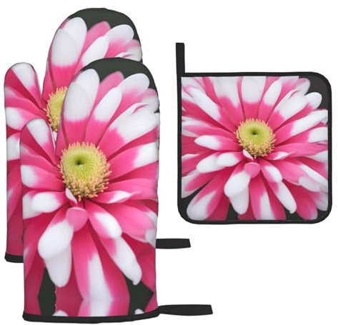 Set di 3 guanti da forno e presine con fiori rosa e bianchi, regalo per la famiglia per la cucina, resistenti al calore, set da 3