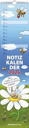 Alpha Edition - Calendario de notas HUMOR 2026 – Planificador de rayas 15 x 64 cm – Calendario de pared con frases divertidas y dibujos animados – para notas – Planificador de cocina y pared