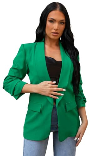 Divadames Womens Blazer Open Front Casual Cardigan Ruched Sleeve Work Office Blazer Jacket with Pockets (UK, Numeric, 10, Regular, Regular, Green)