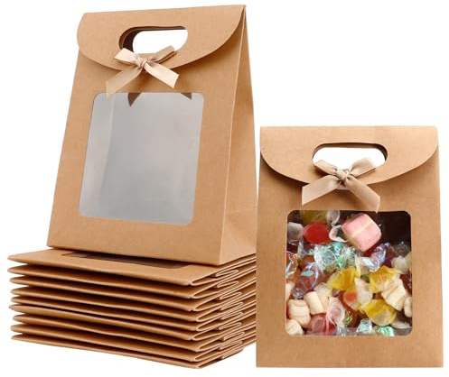 12-Stk Klein-Kraftpapier-Geschenktüten mit Fenster Henkeln Aufkleber Perfekt für Ostern, Weihnachten und Süßigkeiten Transparente Papiertüten mit Fenster Brown Paper Bags with Window 12 x 16 x 6cm