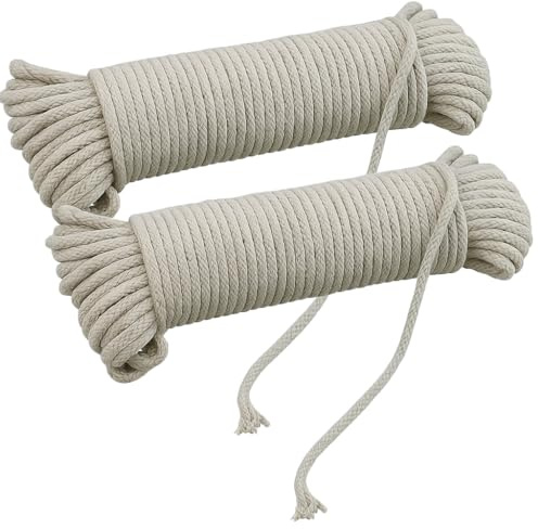 2-Pack 100 Ft Heavy Duty Braided Cotton Rope Clothesline – #6 1/4 (6mm) Natural Cotton with Poly Core – Durable for Clotheslines, Boating, Camping, Crafts, Indoor & Outdoor Use