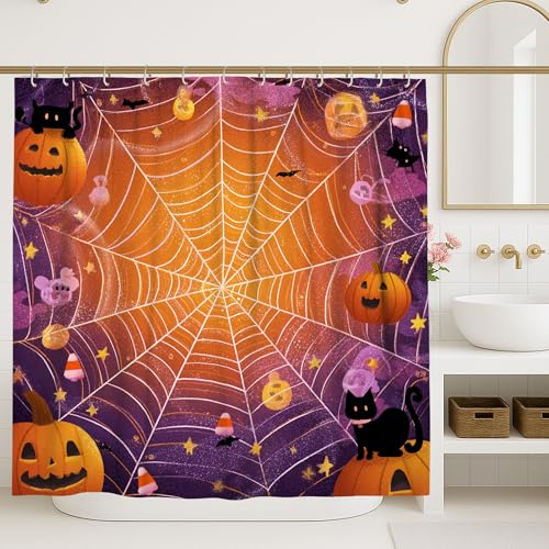 Rideau de douche d'Halloween, toile d'araignée orange/violette, décoration de chat citrouille, décoration d'automne, moderne, ludique, rideau de douche en tissu imperméable avec crochets 183 x 213 cm