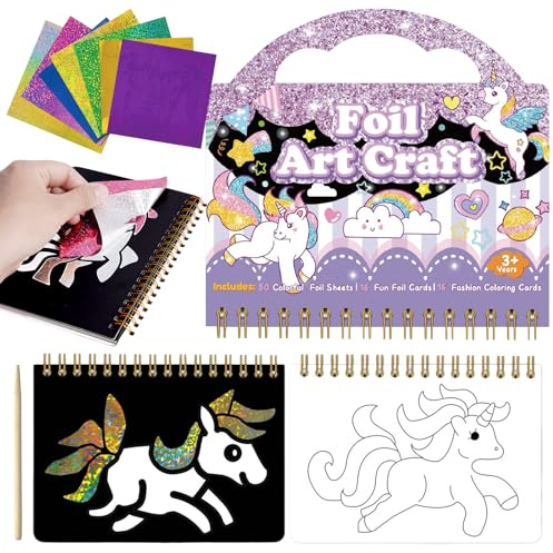 Foil Art,Folienspaß Bastelset Mädchen,DIY Färben Aufkleber Kinder Bastelset | Einhorn Folienspaß Scratch Painting Kunst Set 2-In-1,Einhorn Themen Foil Art Bastelsets für kinder Mädchen Kreatives Geschenk