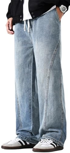 PADOLA Jeans Uomo Gamba Dritta con Vita Elasticizzata e Cordino Pantaloni Denim Lavaggio Usato con Tasche Laterali e Posteriori(XXL,Blu Chiaro)