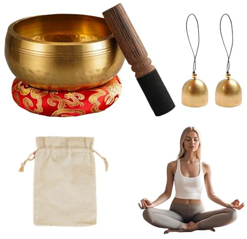Tibetische Klangschalen Set, Messing Meditation Klangschale 8,6 cm Durchmesser, Kommt mit Holzklangschalen Basis, 2 Messingglocken und einer Aufbewahrungstasche, Klangschalen-Set für Yoga, Meditation
