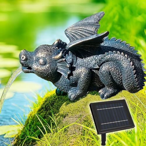 Solar Brunnen Teichpumpe mit Li-Ion-Akku & LED Licht Zauber Drache für Terrasse, Balkon (29 x 17,5 x 16,5 cm)