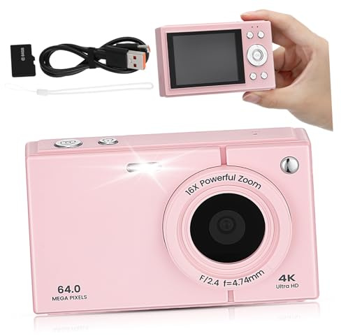 Fotocamera Digitale Compatta Retro Rosa 2.8 Pollici Wifi | 64 Gb Inclusa, Abs e Pc, Punta e Scatta per Principianti, Decorazioni Scuola