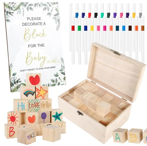 Kit de paneles de juegos para fiestas prenatales - Bloques de juguetes de recuerdo, 78 piezas para fiesta de prenatal con 52 bloques de madera y 24 marcadores | Actividad creativa para fiesta de