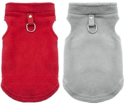 2 Stück/3 Stück Hundepullover Sweater für kleine Hunde und Katzen, Winter Warme Weiche Welpen Fleecepullover Bekleidung mit D-Ring (Grau+Rot, S)