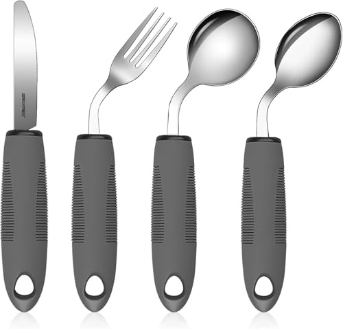 CEOTIS Cubertería de 4 piezas, fácil agarre, ángulo de 42°, cubiertos con mango grueso, ayudas para discapacitados, mangos antideslizantes, cuchara, cuchillo, tenedor, cubiertos para temblores de