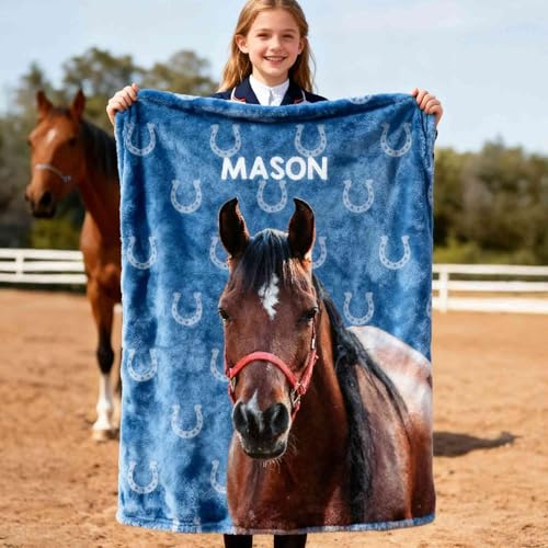 Personalised Horse Photo Blanket Custom Name Painted Horse Pictures Horseshoe Multicolour Soft Throw Blanket Horses Themed Gifts for Teenage Girls Women Horses Lover Cute Fleece Blanket Bedding