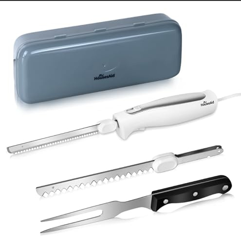 Electric Knife, Electric Carving Knife Set with Two Serrated Stainless Steel Blades, Carving Fork, with Non Slip Handle, Safety Lock and Storage Case for Meat, Bread Fish,Other and Foods.