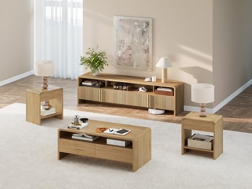 AMERLIFE 4-Piece Living Room Furniture Set, Fluted TV Stand for TVs up to 80, Modern Coffee Table & 2 End Tables, Large Drawers, Soft Rounded Edges, Natural Oak