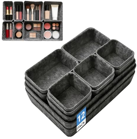 12 Stücke Schubladen Organizer Filz Schubladen Organizer Set Ordnungssystem für Schublade mit 3 Größen Stapelbare Filz-Aufbewahrungsboxen für Schminktisch,Küche, Büro,Schreibtisch, Kleiderschrank
