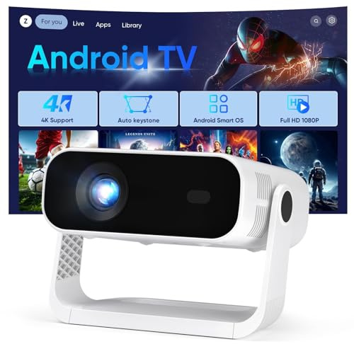 Smart Projector Built-in Apps, Android 14, Native 1080P 4K Supported WiFi 6 Bluetooth 5.2, 20000 Lumens, Low Fan Noise (<30dB), Home Cinema Projector for iOS/Switch /PS5 (White)