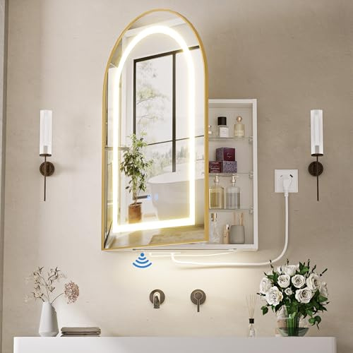 Spiegelschrank Bad mit Beleuchtung und Entfeuchtungsfunktion Hängend Badezimmer Spiegelschrank mit 3 Glas Einlegeböden Gewölbter 60x90cm Bad Spiegelschrank mit Steckdosen für Badezimmer Gold Beige