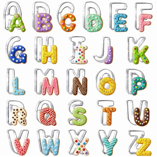 BOFITENG Juego de 26 cortadores de galletas con letras A-Z, de acero inoxidable, para fondant, pasteles, galletas, sándwiches, cumpleaños y fiestas