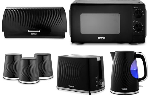 Tower Sonar Black Kitchen Appliance and Storage Set – 1.7L Rapid Boil Kettle, 2 Slice Toaster, 20L 800W Manual Microwave T24044BLK, Bread Bin and Tea Coffee Sugar Canisters